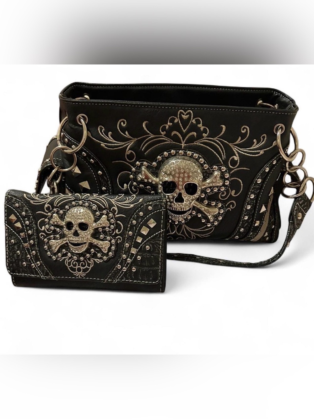 Embellished Skull Crossbody Bag and Wallet Set - Black